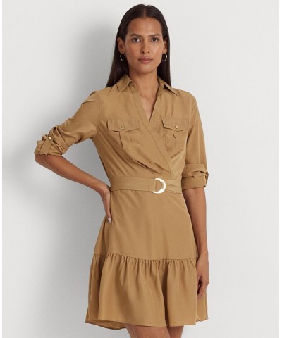 Women's Crepe Long-Sleeve Dress Brown $44.00 Dresses