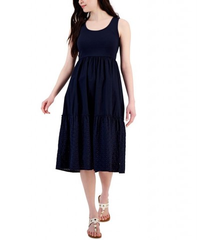 Women's Cotton Sleeveless Tiered Dress Blue $34.06 Dresses