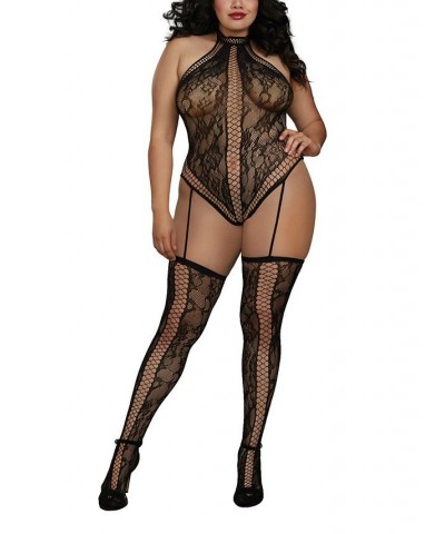 Women's Plus Size Lace Teddy Body Stocking Lingerie with Attached Garters and Stockings Black $20.30 Lingerie