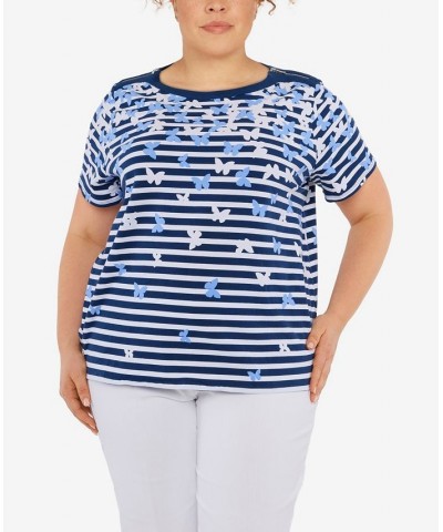 Plus Size Cascading Butterfly Stripe Top Navy, White $32.20 Tops