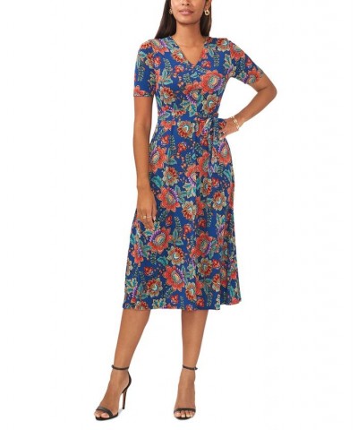 Petite Floral-Print Belted Short-Sleeve Midi Dress Teal/Red Multi $32.39 Dresses