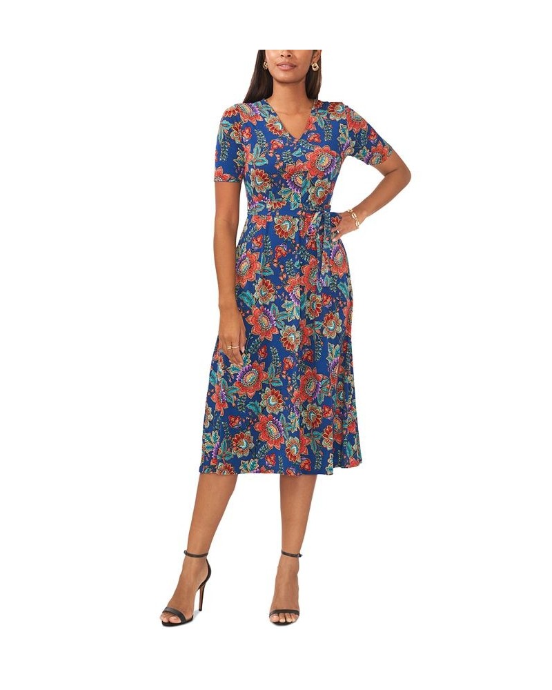 Petite Floral-Print Belted Short-Sleeve Midi Dress Teal/Red Multi $32.39 Dresses