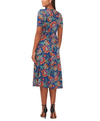 Petite Floral-Print Belted Short-Sleeve Midi Dress Teal/Red Multi $32.39 Dresses