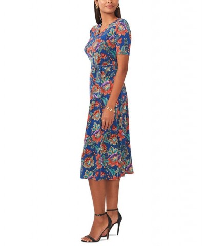 Petite Floral-Print Belted Short-Sleeve Midi Dress Teal/Red Multi $32.39 Dresses