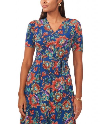 Petite Floral-Print Belted Short-Sleeve Midi Dress Teal/Red Multi $32.39 Dresses