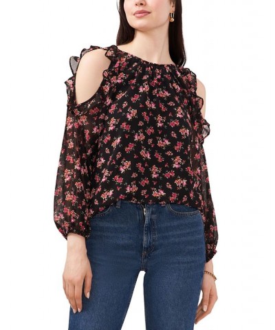 Women's Floral-Printed Ruffled Cold-Shoulder Top Black & Pink $22.12 Tops