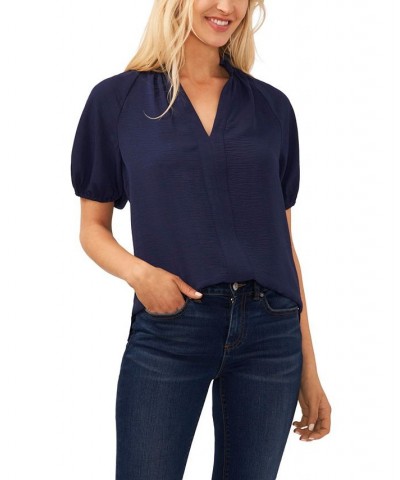 Women's Ruffle Neck Raglan Split Neck Blouse Blue $41.08 Tops