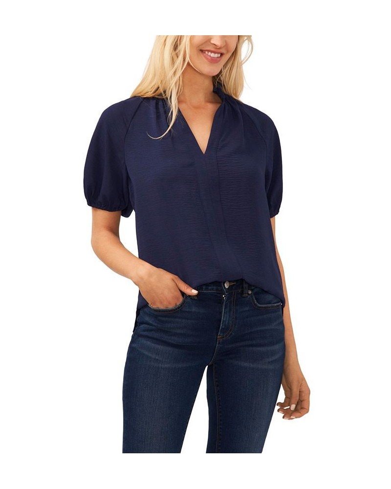 Women's Ruffle Neck Raglan Split Neck Blouse Blue $41.08 Tops