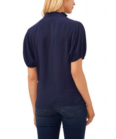 Women's Ruffle Neck Raglan Split Neck Blouse Blue $41.08 Tops