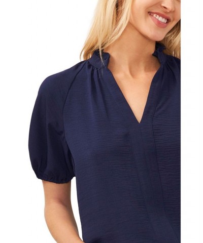 Women's Ruffle Neck Raglan Split Neck Blouse Blue $41.08 Tops