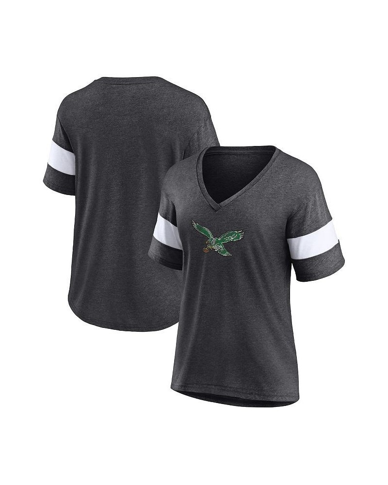 Women's Philadelphia Eagles Throwback Logo Tri-Blend Striped V-Neck T-shirt Heathered Charcoal $22.05 Tops