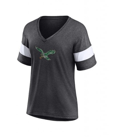 Women's Philadelphia Eagles Throwback Logo Tri-Blend Striped V-Neck T-shirt Heathered Charcoal $22.05 Tops