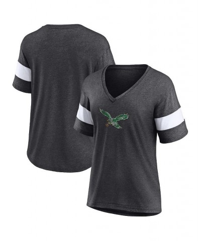 Women's Philadelphia Eagles Throwback Logo Tri-Blend Striped V-Neck T-shirt Heathered Charcoal $22.05 Tops