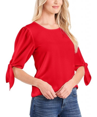 Women's Bow-Detail Puff-Sleeve Blouse Top Red $21.58 Tops