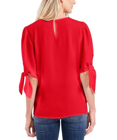 Women's Bow-Detail Puff-Sleeve Blouse Top Red $21.58 Tops