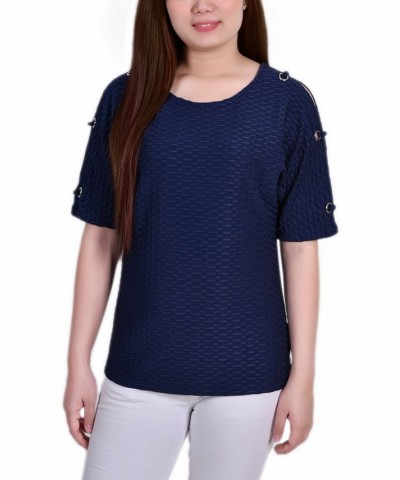 Women's Short Sleeve Honeycomb Textured Grommet Top Blue $12.60 Tops