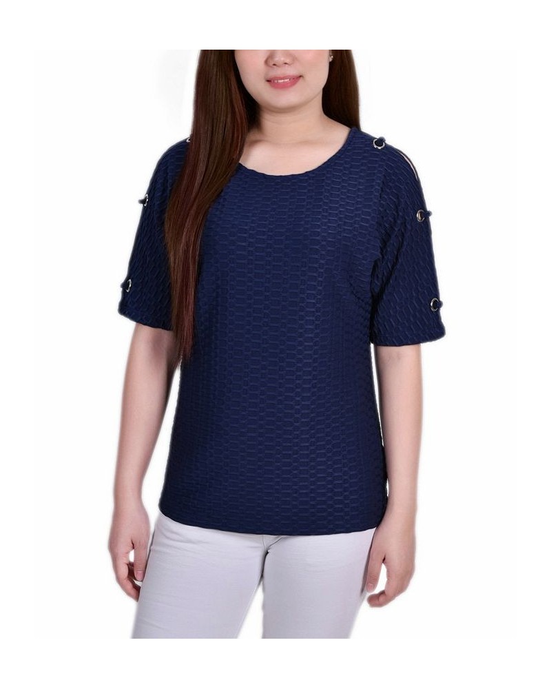 Women's Short Sleeve Honeycomb Textured Grommet Top Blue $12.60 Tops