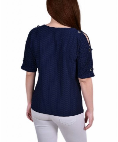 Women's Short Sleeve Honeycomb Textured Grommet Top Blue $12.60 Tops