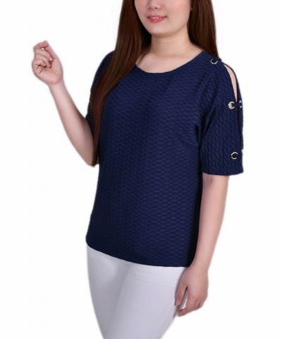 Women's Short Sleeve Honeycomb Textured Grommet Top Blue $12.60 Tops