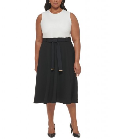 Plus Size Sleeveless Tie-Waist Midi Dress White/Black $46.19 Dresses