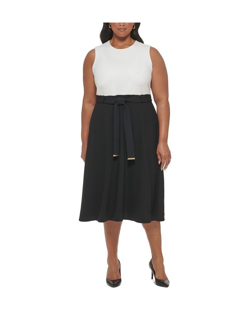 Plus Size Sleeveless Tie-Waist Midi Dress White/Black $46.19 Dresses