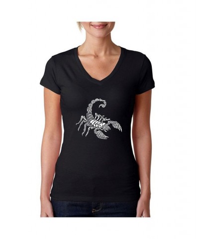 Women's Word Art V-Neck T-Shirt - Types of Scorpions Black $16.45 Tops