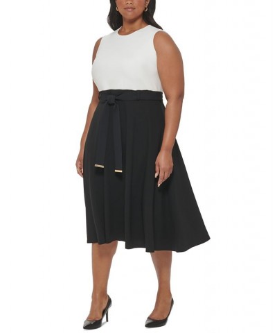 Plus Size Sleeveless Tie-Waist Midi Dress White/Black $46.19 Dresses