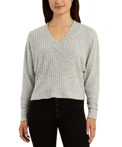 Juniors' V-Neck Ribbed Dolman-Sleeve Sweater Gray $11.23 Sweaters