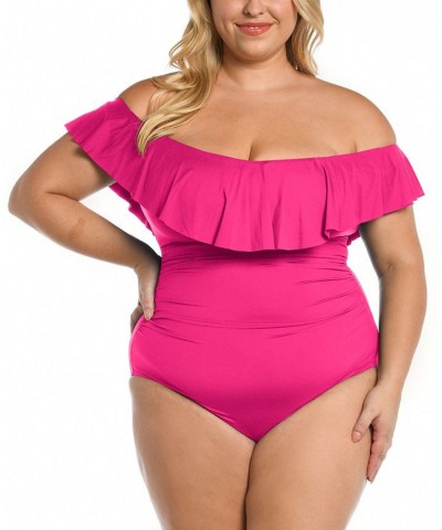 Plus Size Island Goddess Off-the-Shoulder One-Piece Swimsuit Pink $60.20 Swimsuits