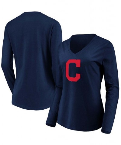 Women's Navy Cleveland Indians Official Logo Long Sleeve V-Neck T-shirt Navy $19.32 Tops