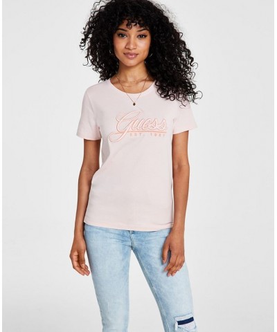 Women's Script Logo Short Sleeve Cotton T-Shirt Pink $23.22 Tops