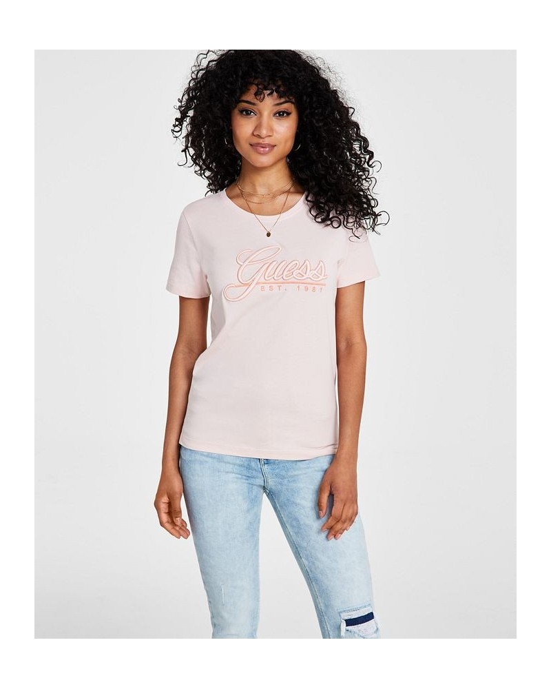 Women's Script Logo Short Sleeve Cotton T-Shirt Pink $23.22 Tops