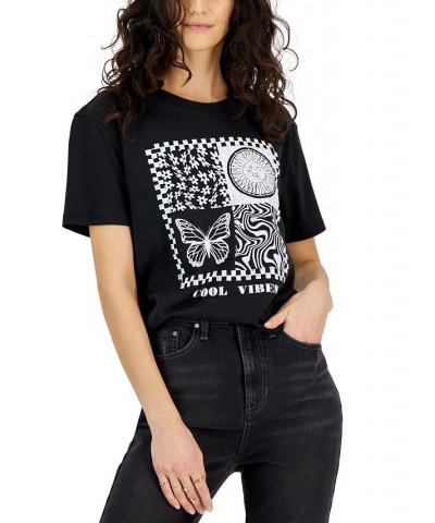 Juniors' Crewneck Checkered Grid Short-Sleeve T-Shirt Black $15.60 Tops