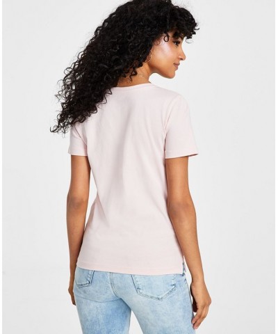 Women's Script Logo Short Sleeve Cotton T-Shirt Pink $23.22 Tops