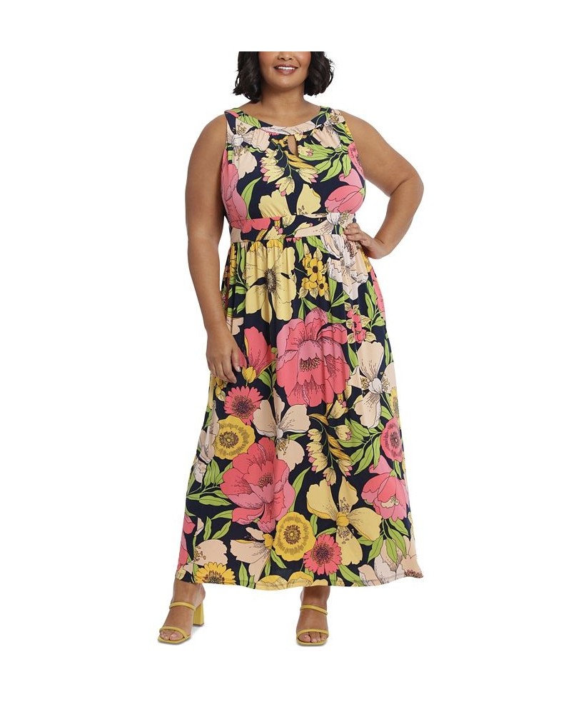 Plus Size Halter Keyhole Printed Maxi Dress Navy Pink $40.33 Dresses