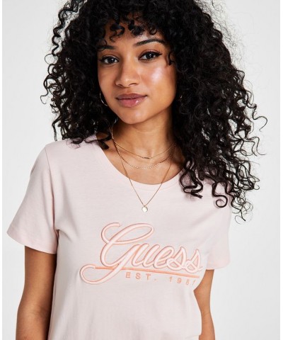 Women's Script Logo Short Sleeve Cotton T-Shirt Pink $23.22 Tops