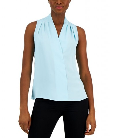 Women's V-Neck Sleeveless Pleat-Shoulder Top Blue $45.39 Tops