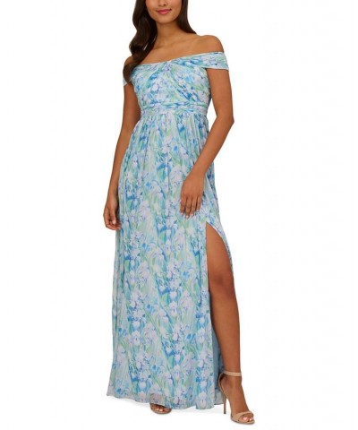 Women's Off-The-Shoulder Chiffon Gown Blue Multi $109.82 Dresses