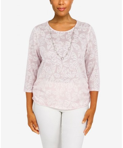 Women's Floral Jacquard Butterfly 3/4 Sleeve Top with Necklace Tea Rose $30.58 Tops