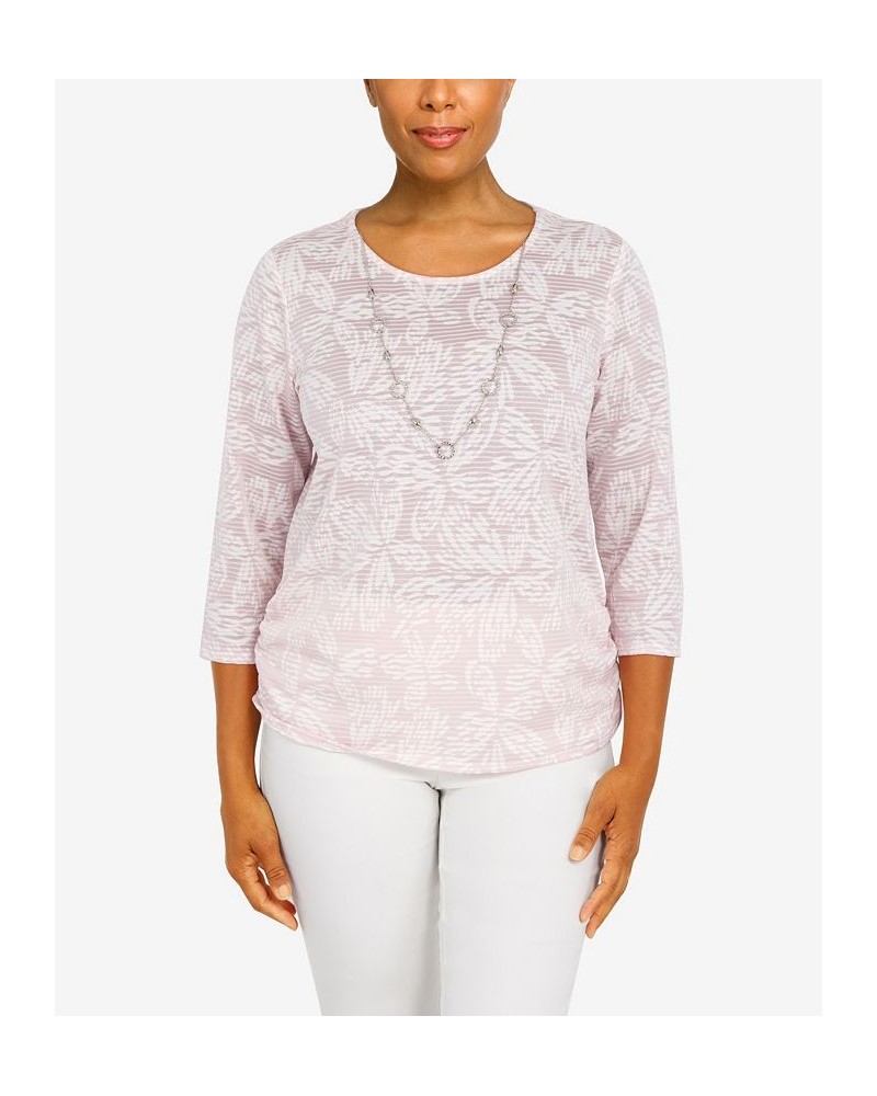 Women's Floral Jacquard Butterfly 3/4 Sleeve Top with Necklace Tea Rose $30.58 Tops