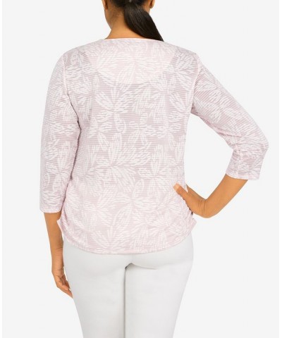 Women's Floral Jacquard Butterfly 3/4 Sleeve Top with Necklace Tea Rose $30.58 Tops