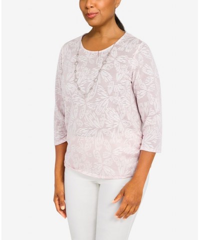 Women's Floral Jacquard Butterfly 3/4 Sleeve Top with Necklace Tea Rose $30.58 Tops