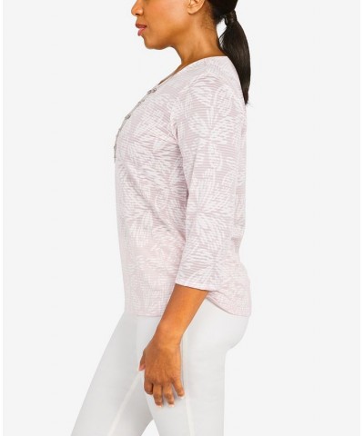 Women's Floral Jacquard Butterfly 3/4 Sleeve Top with Necklace Tea Rose $30.58 Tops