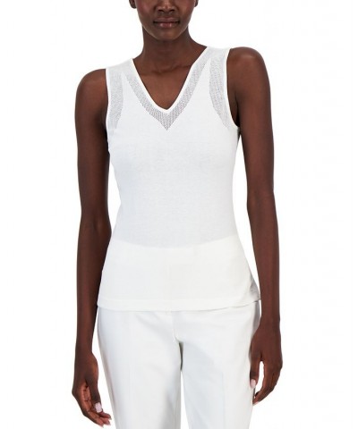 Women's V-Neck Mesh-Trim Tank Top White $37.38 Tops