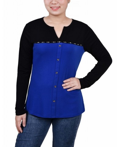 Petite Long Sleeve Studded Colorblocked Split Neck Top Surf The Web $17.10 Tops