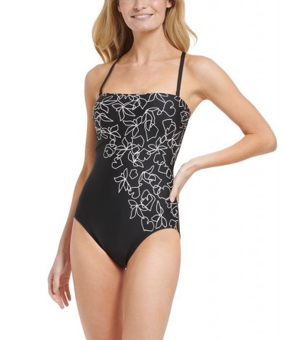 Women's Printed Bandeau Tummy-Control One-Piece Swimsuit Black Outline Floral $38.40 Swimsuits