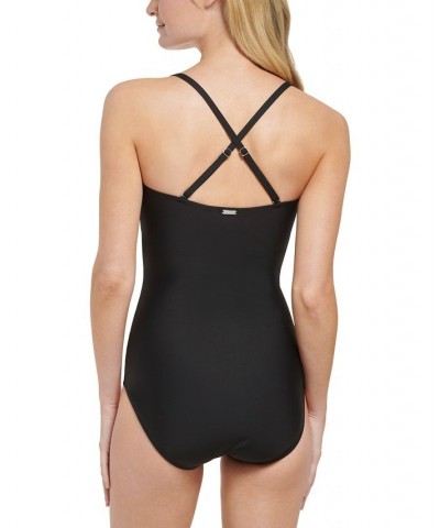 Women's Printed Bandeau Tummy-Control One-Piece Swimsuit Black Outline Floral $38.40 Swimsuits