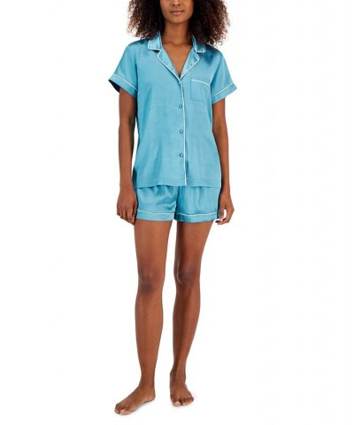 Satin Notch-Collar Shorts Pajamas Set Teal Mist $13.20 Sleepwear