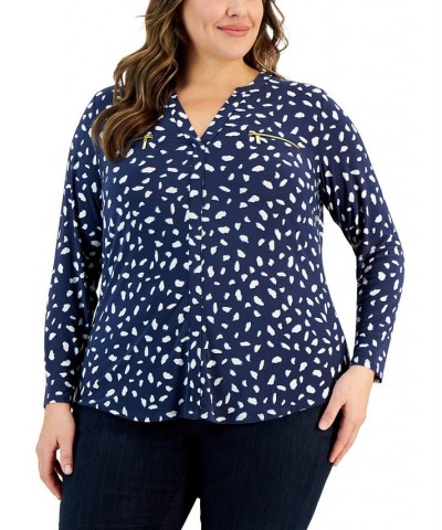 Plus Size Zip-Pocket Knit Top Anya Animal Blue $20.70 Tops