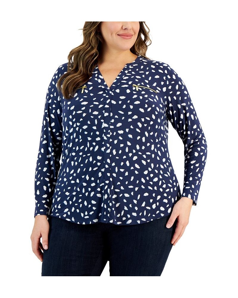 Plus Size Zip-Pocket Knit Top Anya Animal Blue $20.70 Tops